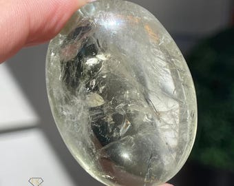 Prasiolite Palm Stone with Rainbows, Green Quartz Carved Pocket Travel Crystal