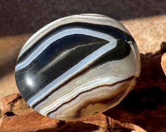 Black Coffee Banded Agate Crystal Palmstone, Unique Abstract Polished Rock with Quartz (416)