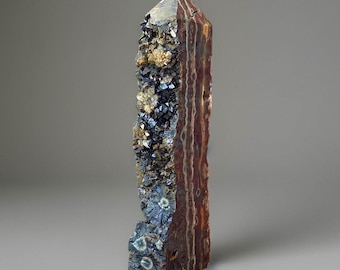 7th Vein Ocean Jasper Statement Tower with Black Marion quartz cluster flowers•Orbicular Green Ocean Jasper•Collector’s Black Flower Jasper