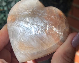 Peach Moonstone XL Heart with Full Silver Chatoyant Flash,  HQ Moonstone Crystal Carved Heart (465)