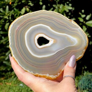 May include: A polished agate slice with concentric bands of gray, white, and amber hues. The stone has a natural, irregular shape with a central opening. The agate is held in a hand, showcasing its smooth surface and unique pattern.