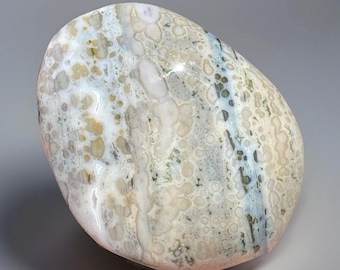 Ocean Jasper Flat Palmstone 6th Vein , Rare Orb Pattern Stone from Madagascar, Blue Bubble Jasper Pocket Stone (254)