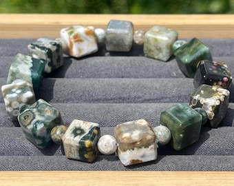 8th Vein Ocean Jasper Cube Beaded Bracelet, Orbicular Ocean Jasper old stock collectors edition Colorful 11mm & 6mm beads, #11