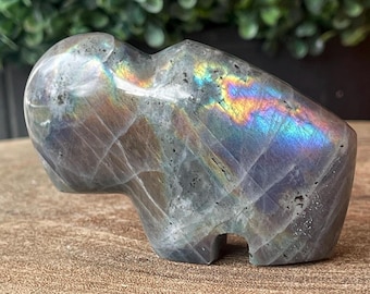 Spectrolite Crystal Buffalo Carving, Finland Shimmering Labradorite Stone Animal Sculpture (42)