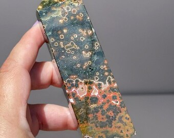 Ocean Jasper HQ Tower with Pink Orange Flowers Orbs in Green Quartz, AAA Madagascar Bubble Jasper - #80