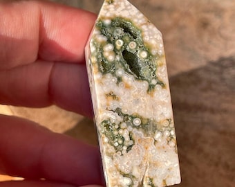 8th Vein Ocean Jasper Mini Tower with Jelly Bubbles and Green Quartz, Druzy Ocean Orbicular Jasper Point, AAA Madagascar Jasper
