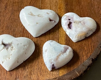 White Agate Carved Hearts with Purple Druzy