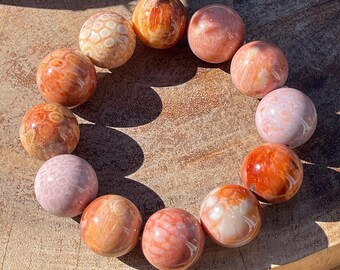 Fossilized Coral Bracelet - 21mm Beads, HQ Agatized Pink & Orange Coral beads, Colorful Collectors petoskey stone jewelry gift