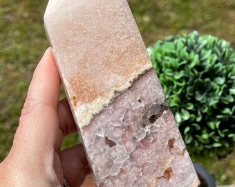 Pink and Purple Amethyst Tower with Chlorite, Natural Unique Pink Lavender & Green Crystal