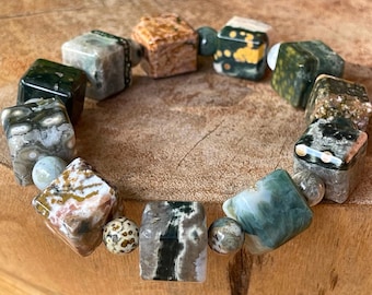 8th Vein Ocean Jasper Large Cube Bead Bracelet - No.38