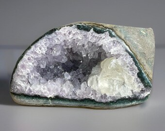 Amethyst Cut Base with Calcite Growth, Natural Crystal Formation for Cabinet Display, Unique Collector Decor Piece, Brazilian Amethyst Geode
