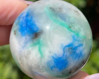 Shattuckite Chrysocolla Quartz Crystal Sphere, Vibrant Neon Blue Green Mineral, Poished Specimen Ball, Quantum Quattro Orb (61)