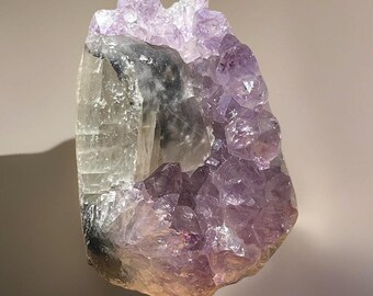 Amethyst Cluster with Calcite Cut Base Specimen, Natural Amethyst Cluster