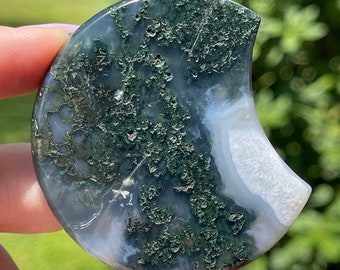 Moss Agate Moon Flat Crystal Carving - #39