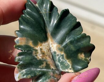 Orbicular Ocean Jasper Leaf, Madagascar Jasper Carving, Green & Pink Bubble Jasper