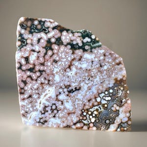 8th Vein Pink Ocean Jasper Slab with Green Quartz.• Pink Orbicular Jasper Slice • Madagascar Bubble Jasper • Rare Natural Crystal slab