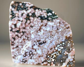 8th Vein Pink Ocean Jasper Slab with Green Quartz.• Pink Orbicular Jasper Slice • Madagascar Bubble Jasper • Rare Natural Crystal slab