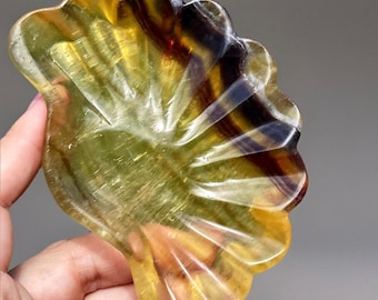 Yellow Fluorite Trinket Dish - Handmade Scalloped Crystal Jewelry Tray - Natural Stone Decor