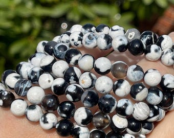 Orca Agate Beaded Bracelet - 8mm Beads, Natural Black & White Crystal Beads, Layering Gemstone Jewelry