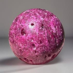Puede incluir: Una gema esférica pulida, en tonos de rosa intenso y magenta. La superficie tiene un aspecto texturizado y cristalino con pequeñas hendiduras naturales. La gema tiene una forma sólida y redondeada, y el color es uniforme.