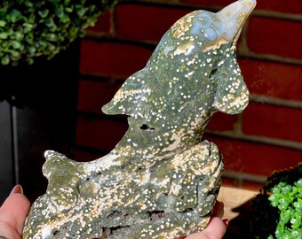 Veinless Druzy Ocean Jasper Statement Dolphin Carving, Ocean Orbicular Jasper Crystal Gift, AAA Collectors Jasper, #74