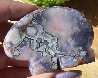 Blue Lavender Pink Flower Agate Bear, Crystal Zuni Style Bear Carving, Spirit Animal Gift