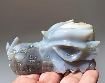 Blue Chalcedony & Moss Agate XL Dragon Head Carving, Grey Green Agate Mystical Sculpture, Crystal Dragon Head