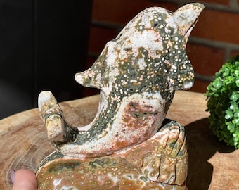 8th Vein Ocean Jasper Statement Dolphin Carving • Orbicular Jasper Crystal Gift • Collectors Madagascar Bubble Jasper Sea Creature Sculpture