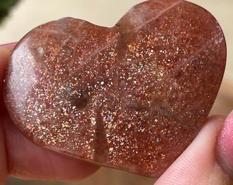 Arusha Sunstone Big Heart with Confetti Flash on all sides , AAA Grade Crystal Gifts, Pink Confetti Golden Sunstone with smoky quartz