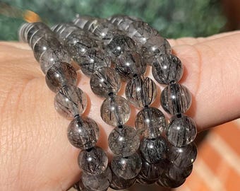 Black Tourmaline in Quartz Bracelet - Stretchy 6mm, Gemmy Tourmaline Quartz Beaded bracelet, Collector’s edition handmade Unique Jewelry