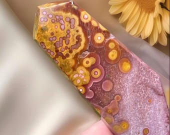 KABAMBY Ocean Jasper Freeform Slab with Pink Orange Orbs, Orbicular Ocean Jasper Madagascar collectors edition