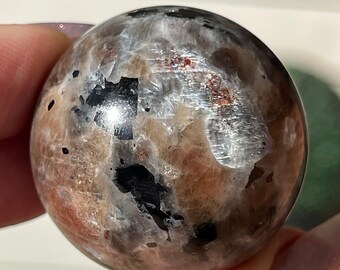 Rainbow Black Moonstone with Arusha Sunstone Mica & Confetti Flash Sphere , AAA Grade Crystal HQ Incredible Rare Crystal Find