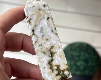8th Vein Ocean Jasper Tower with Green Quartz Druzy, White Ocean Orbicular Jasper Madagascar AAA Grade Crystal Gift