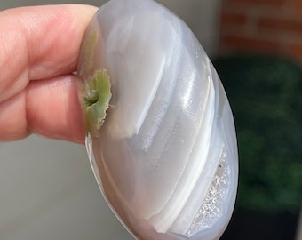 Banded Druzy Agate Palmstone with Green Agate Flower, Flower Agate HQ Crystals, Crystal Travel Pocket rocks - #46