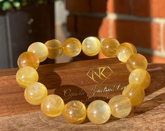 Gem Lepidolite Bracelet - Stretchy 13mm beads, Golden Yellow Lepidolite Gemstone, Collector’s edition Unique Handmade Jewelry