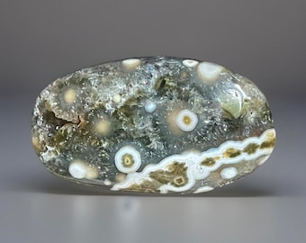 Ocean Jasper Palmstone with Druzy Vein 2-3, Rare Orb Pattern Stone from Madagascar, Floral Quartz Bubble Jasper Pocket Stone