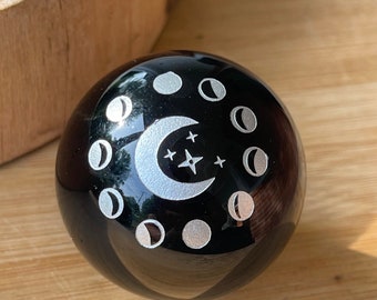 Black Obsidian Sphere with Printed Moon phases Crystal Ball - #8