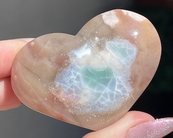 Green Red Flower Agate Heart - Unique Crystal Carving