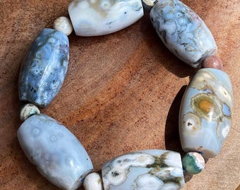 8th Vein Ocean Jasper Bracelet XXL Barrel beads, Orbicular Ocean Jasper Madagascar stock collectors edition