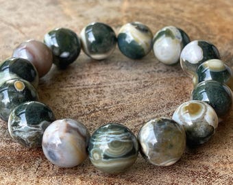 8th Vein Ocean Jasper Bracelet large beads-13/14mm, Orbicular Ocean Jasper, old stock collectors edition jewelry