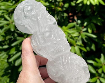 Clear Quartz Triple Skulls Sculpture, Crystals for Gifting & Collecting, Natural Quartz See No Evil - Hear No Evil - Speak No Evil Statement