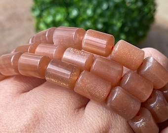 Peach Moonstone HQ Bracelet with Gold Confetti Silver Flash Tube Beads , Golden Peach Moonstone Beads