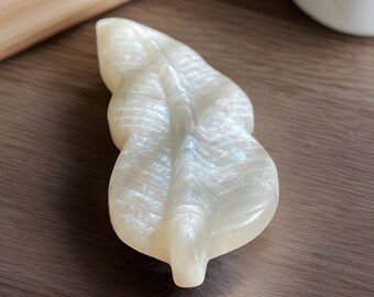 Moonstone XLarge Feather Crystal Carving, White Moonstone Blue Flash, Unique Crystal Sculpture, Rocks for Writing Desk
