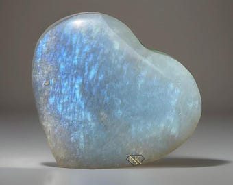 Green Moonstone Heart with Incredible BLUE Flash, High Quality Silky Sage Green Moonstone, Rare Unique Crystal Find