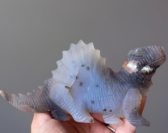 Druzy Agate Large Carved Dinosaur over 6  inches, Unique Natural Stone Sculpture, Crystal Home Decor