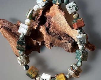 8th Vein Ocean Jasper Cube Beaded Bracelet, Orbicular Ocean Jasper old stock collectors edition Colorful 9mm & 5mm beads, #31