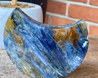 Kyanite in Quartz Big Statement Moon Carving , Manifestation Stone , Blue Kyanite Smokey Quartz Spheres, AAA Top Grade Crystals