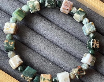 8th Vein Ocean Jasper Cube Beaded Bracelet, Orbicular Ocean Jasper old stock collectors edition Colorful 9mm & 6mm beads, #22