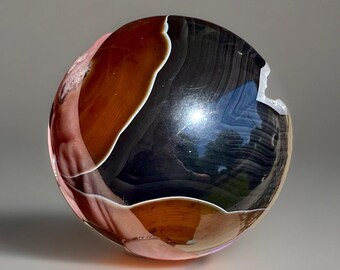Black & Chocolate Brown Sardonyx Statement Sphere with Quartz Geode Cluster