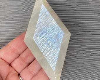 Moonstone Diamond on a Goldtone stand with Mesmerizing BLUE Flash, High Quality Moonstone Rhombus, Rare Crystal Find, #58